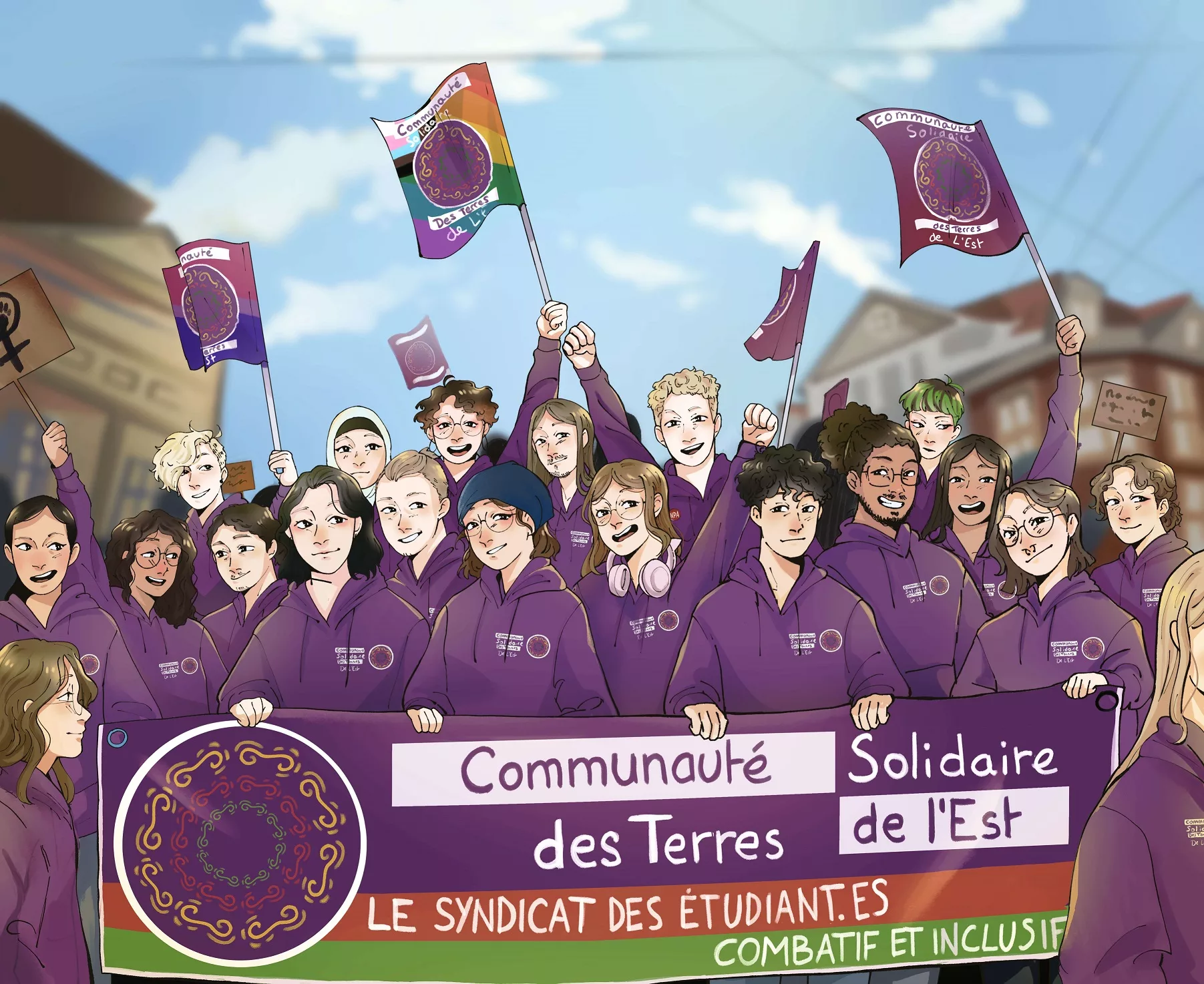 Dessin des membres de la CSTE devant une banderole.